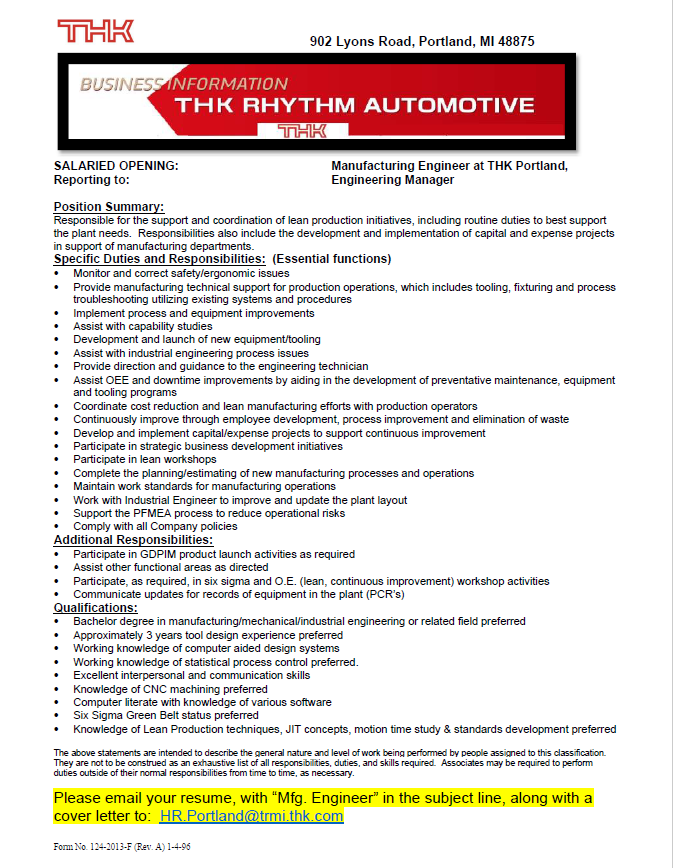 Mfg Eng position